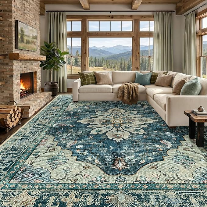 RELEANY Washable Area Rug, Large 9'x12', Blue/Vintage Dark Blue | Non-Slip, Water Repellent, Pet Friendly, Easy to Clean, Vintage Floral Boho Decor for Living Room Bedroom Dining Room