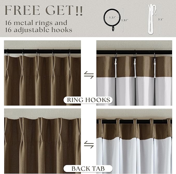 Dutch Cocoa Pleated Linen Blackout Curtains 102 Inches Long for Bedroom | 100% Black Out Thermal Insulated, Pinch Pleat with Rings Hooks, Room Darkening Drapes with Liner, for Living Room W40xL102