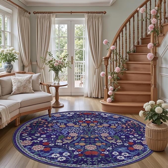 PLHXFR Round Area Rug Living Room: 6 ft Floral Washable Soft Carpet Blue | For Bedroom Dining Room Farmhouse Nursery Hallway,Vintage Floral,Machine washable,Non Slip,Stain Resistant,Large Indoor