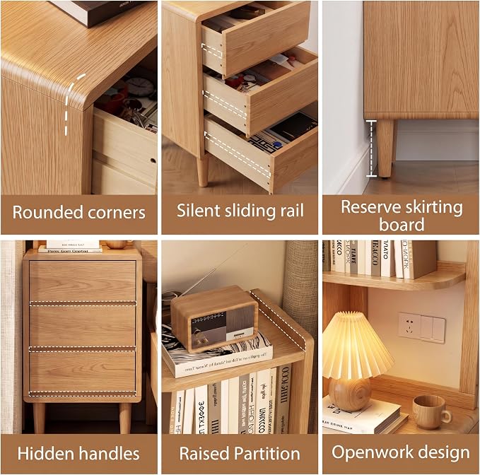 Solid Wood Bookshelf Nightstand Combo, Tall Nightstand with Bookshelf | Oak Nightstand Bookshelf,Narrow Nightstand with Drawers,Open Shelf Bookcase,for Bedroom,Living Room,Offices