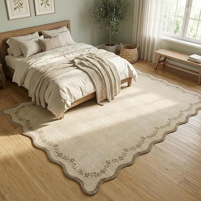 GarveeHome 5x7 Scalloped Area Rug Jute Washable Bedroom Living Room Rug | Soft Tan Neutral Floral Low Pile Non Slip Accent Floor Mat Solid Print Throw Rug Indoor Carpet for Dining Room Dorm Playroom