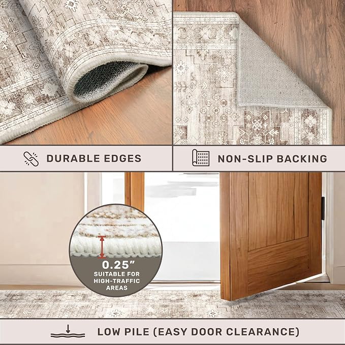 Boho 7x9 Area Rug for Living Room - Washable Beige Dining Room Rug Under the Table, Low Pile Non-Slip Rugs for Bedroom, Office - Charming Geometric Decor & Stain Resistance (7x9 Beige/Latte)