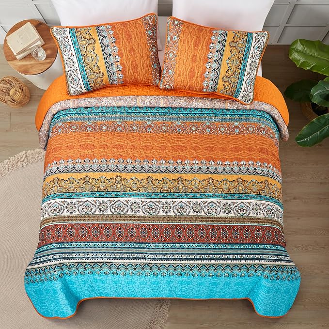 WONGS BEDDING Orange Quilt Queen Size, Boho Stripe Bedding Set, 96"x90" | Lightweight Soft Bedspread Coverlet,Modern Style Bohemian Pattern Bed Cover for All Seasons,3 Piece(1 Quilt,2 Pillow Shams)