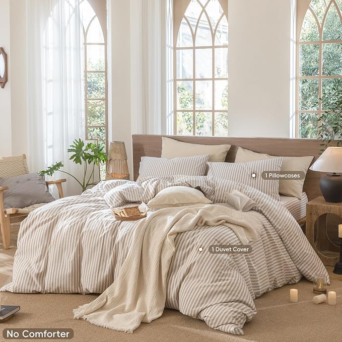 MooMee Striped Duvet Cover Set 100% Washed Cotton Linen Like Twin | Relaxed Linen-like Texture. Soft, Breathable & Long-lasting Comfort. Lightweight. Hidden Zipper with 8 Interior Corner Ties