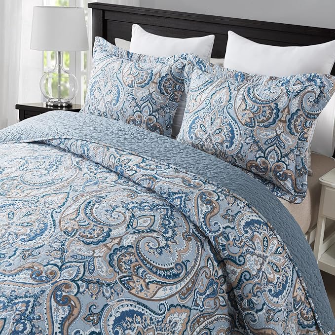 Cotton Bedspread Quilt Sets-Reversible Patchwork Coverlet Set, European Grey Floral Pattern, Queen Size