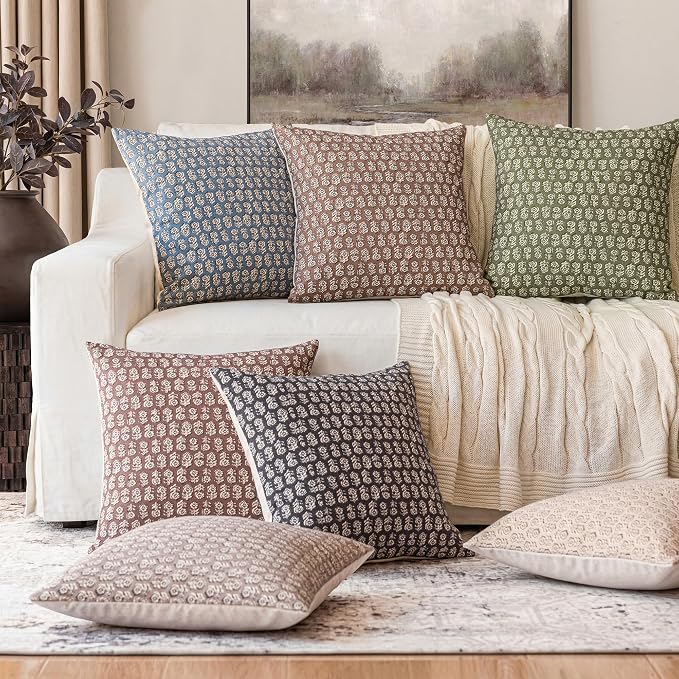 Foindtower Set of 2 Decorative Vintage Floral Print Throw Pillow Covers Neutral Modern Farmhouse Cushion Covers Boho Home Decor for Sofa Couch Chair Bedroom Living Room,22×22 Inch,Sage Green