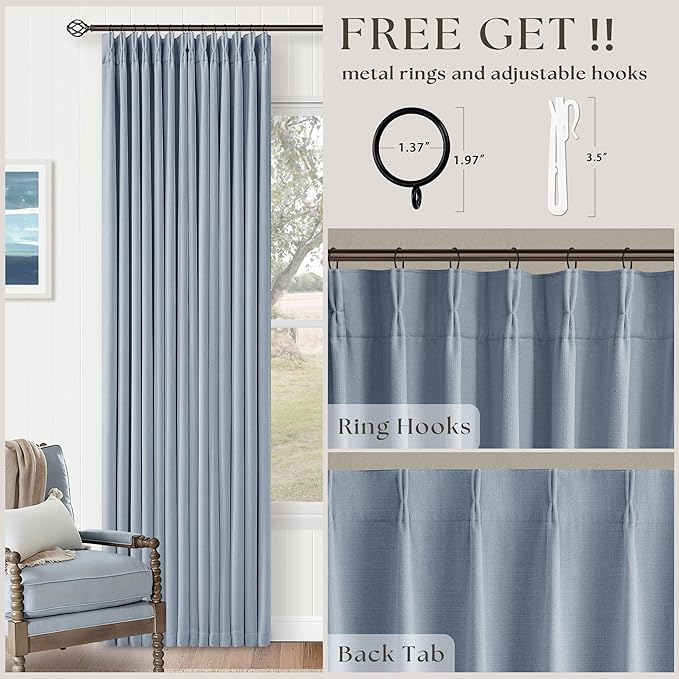 Light Blue Linen Memory Trained Black Out Pleated 105 Inch Curtains 2 Panel | 100% Blackout Drapes with Liner, for Dining Kids Girls Bedroom, Pinch Pleat with Hooks Rings, Thermal Insulated Soundproof