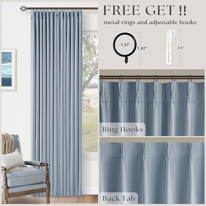 Blue 96 Inch Blackout Pinch Pleated Thick Linen Curtains with Liner 2 Panel | Two Layer Black Out Curtains, Dusty Sky Ice Blue, Light Blocking Thermal Insulated, with Hooks Rings, for Living Room Bedroom