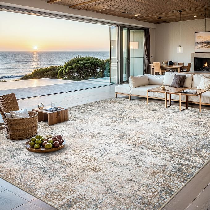 PLHXFR 10x14 Area Rug Living Room: Abstract Washable Carpet Brown Grey | For Bedroom Dining Room Farmhouse Nursery Home,Machine washable,Non Slip,Large Soft Neutral,Stain Resistant, Indoor Floor