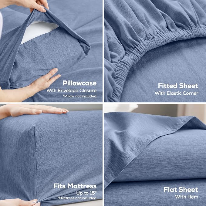 King Sheets Set, 4 Pieces 16" Deep Pocket Hotel Luxury Sheets, Heather Navy | Extra Soft Bedsheet Set, Comfy & Breathable Cooling Sheets, Wrinkle & Fade Resistant, Fitted Sheet, Flat Sheet, 2 Pillowcases