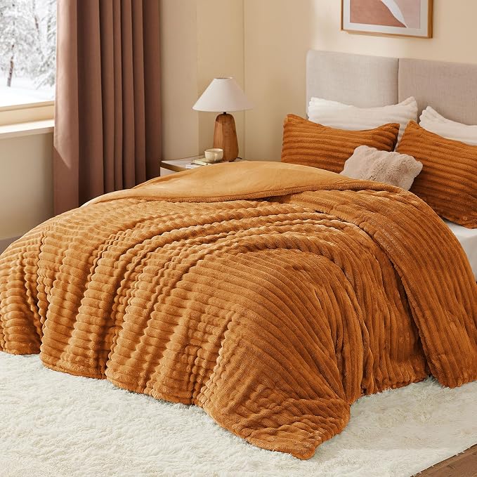 BEDELITE Fleece King Comforter Set, Fluffy Bed Set, Rust Orange | Super Soft & Warm Bedding, Luxury Fuzzy Faux Fur Comforter for Winter, Heavy Plush Bedding, with 2 Pillowcases