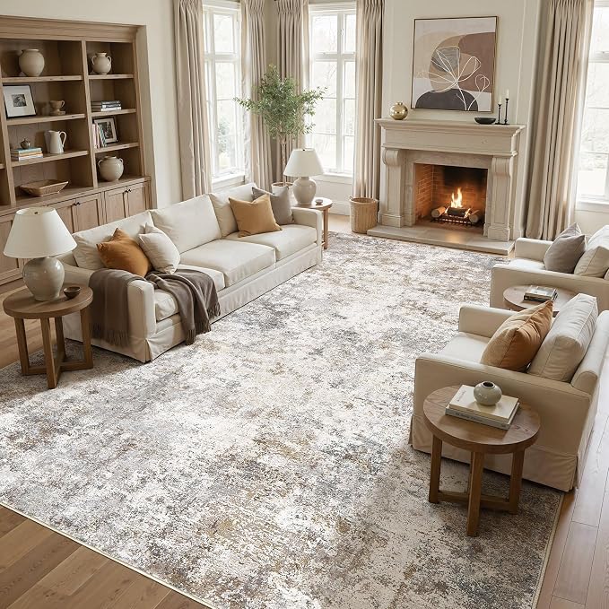 UERMEI 12x15 Area Rug Living Room Rugs Extra Large Brown Grey Carpet | Washable Neutral Modern Abstract Non-Slip Soft Low Pile Floor Rugs for Bedroom Dining Room Home Office Indoor Decor