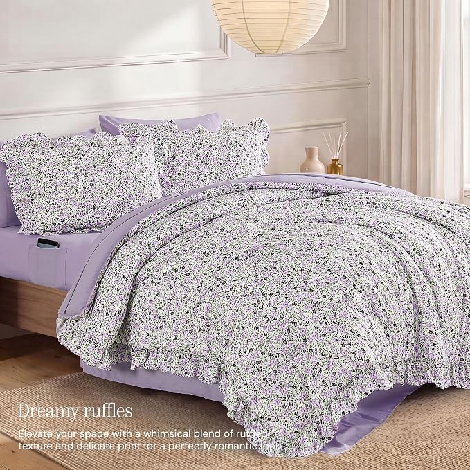 Queen Comforter Set-7 Pieces Floral Ruffle Bedding Set | Violet Ditzy Bed in a Bag, Soft Lightweight All Season Farmhouse Queen Bedding Sets with Sheets, Pillowcases & Shams