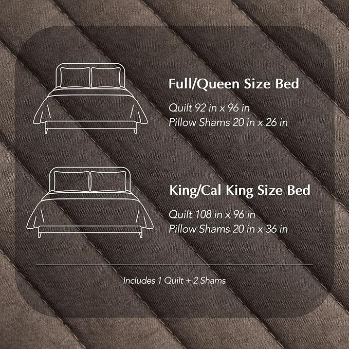 EVERGRACEHOME Cotton Sateen Quilt Set, King Size, Mocha Brown | 100% Cotton, Channel Stitch Coverlet Bedspread, Pre-Washed Lightweight Soft Bedding Set for All Season, 3 Piece, with 2 Shams