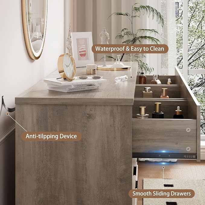 Xixini Dresser for Bedroom, 9 Drawer Wide Modern Chest of Drawers with X-Shaped Sturdy Base, Wood Double Dresser Closet Clothes Storage Organizer, Wooden TV Stand for Living Room, Hallway, Grey