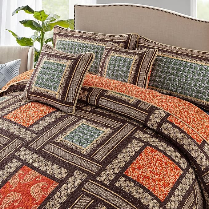 Cotton Patchwork Bedspread, 3-Piece Bedding Quilt Set with Real Stitched Embroidery, Reversible Matelasse Bed Coverlet Set,Bohemian Farmhouse,Twin Size