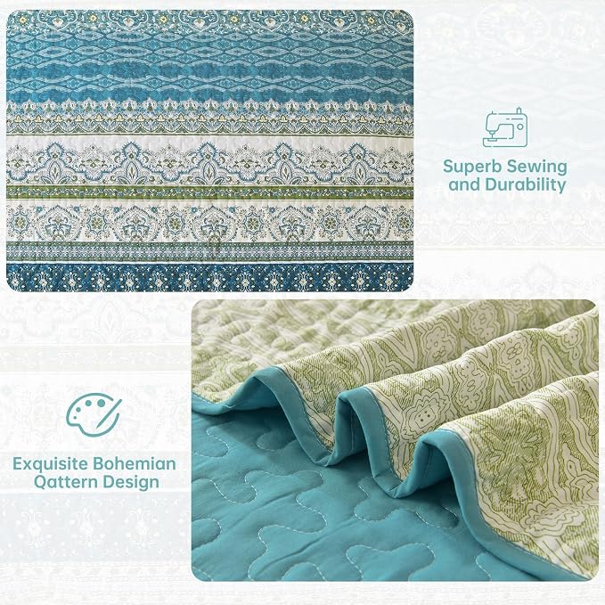 WONGS BEDDING Boho Quilt Queen Size,3 Pcs Aqua Bedspread Bedding Set | Colorful Bohemian Striped Printed Bedding for All Season, Lightweight Microfiber Coverlet Set with 2 Pillowcases(96"x90")