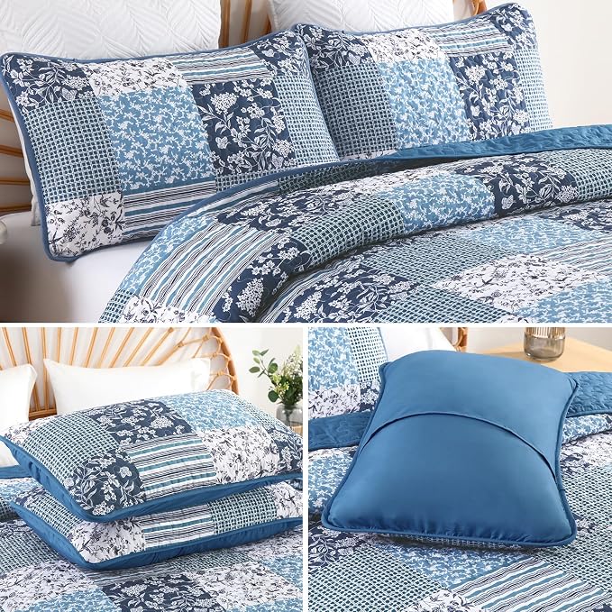 Mybedsoul King Size Quilt, Boho Patchwork Floral Bedding Set, Navy Blue | Soft Lightweight Microfiber Floral Coverlet Set, 3 Pieces Plaid Reversible Bedspread, Bed Sets for All Seasons 90"x110"