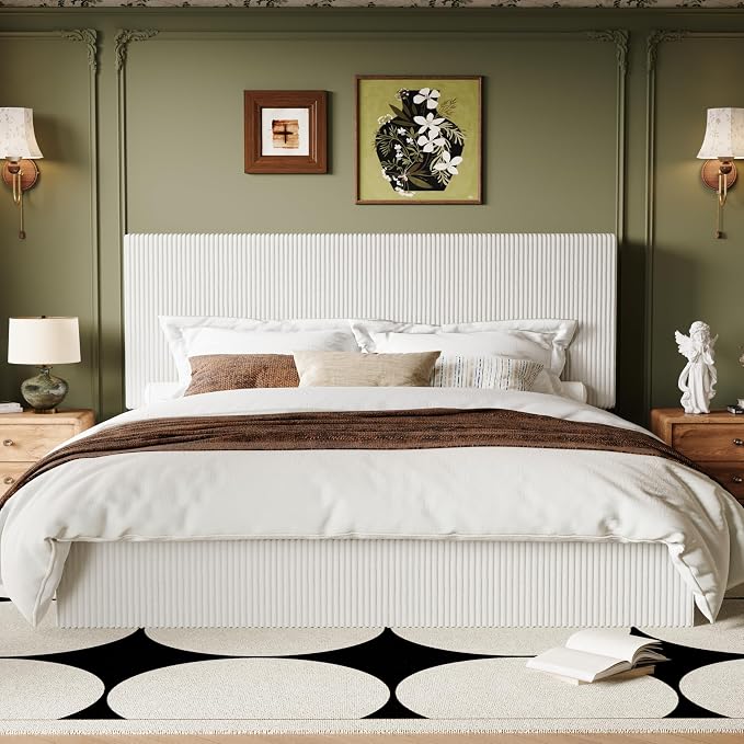 Allewie King Bed Frame, Adjustable Corduroy Headboard, Platform, White | Adjustable Headboard, Corduroy Fabric, Low Profile, Wooden Slats, 1000 lb Capacity, No Box Spring Needed