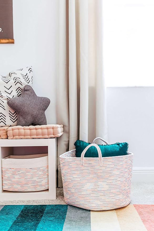 OrganiHaus Round Toy Basket & Blanket Basket, Cotton Rope 20x13" | Stitches Rainbow - Round Cotton Rope Basket, 20x13"