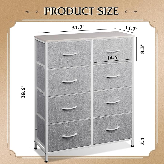 WLIVE Fabric Dresser for Bedroom, Tall Dresser with 8 Drawers, Storage Tower with Fabric Bins, Double Dresser, Chest of Drawers for Closet, Playroom, Dormitory, Light Grey | 8-drawer tall storage tower with fabric bins and wood tabletop, breathable non...