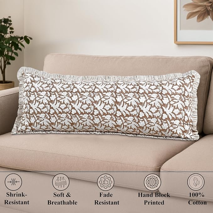 Ridhi Block Print Oak Brown Ruffle Lumbar Pillow Shams, 54" x 20" Set-1 | 100% cotton, Floral Pillowcase, Cushion Cover, Hidden Zipper, Cottagecore Bedding, farmhouse boho style, fits couch, sofa,Bed