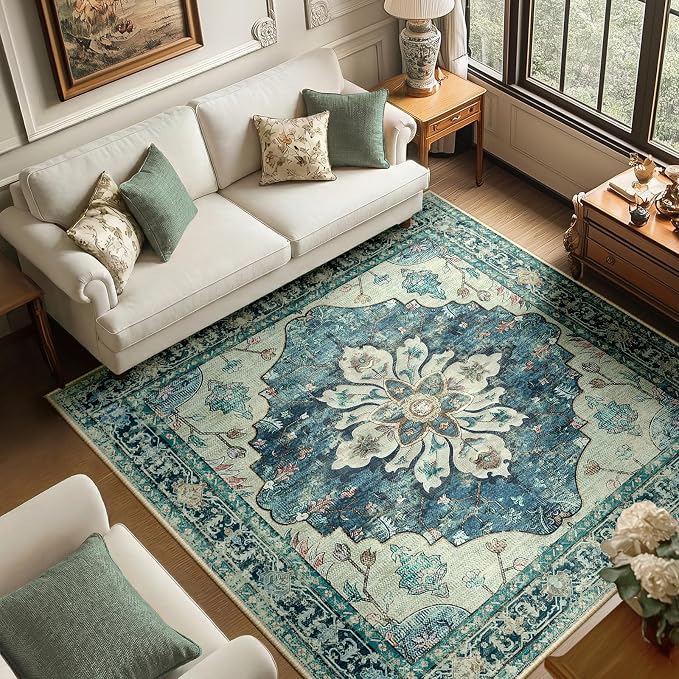 RELEANY Washable Area Rug, Square 6'x6', Blue/Vintage Dark Blue | Non-Slip, Water Repellent, Pet Friendly, Easy to Clean, Vintage Floral Boho Decor for Living Room Bedroom Dining Room Office