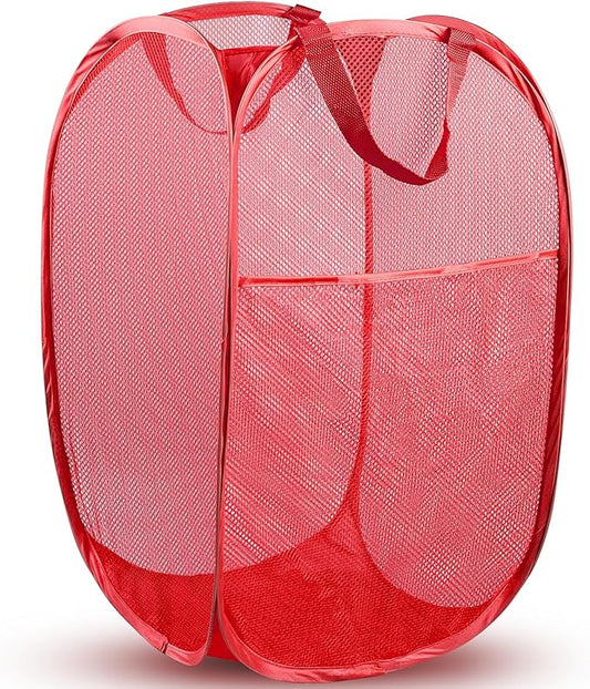Pop Up Laundry Hamper, 70 L Collapsible Mesh Basket with Side Pocket, Red | Reinforced handles, breathable fabric, foldable, portable for dorm college travel camping cruise, dirty clothes, toys storage