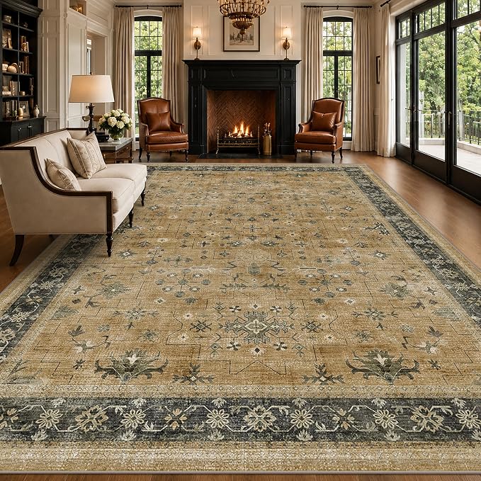 Washable 8x10 Living Room Rug, Oriental Large Area Rug for Dining Room Under Table, Rustic Brown and Charcoal Olive Low Pile Bedroom Carpet, Non-Slip Stain Resistant Indoor Door Mat