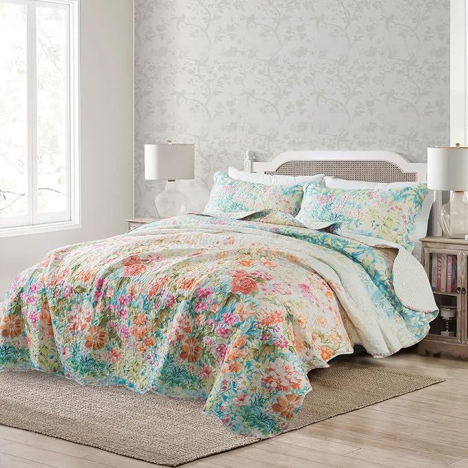 Quilt Bedspread Sets- Dreamy Flowers Reversible Coverlet Set,Queen Size