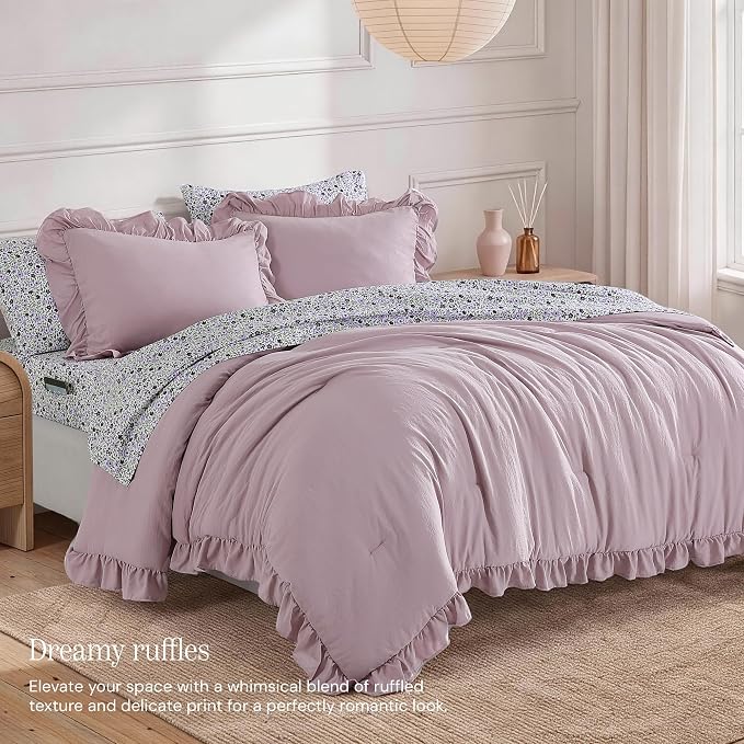 Full Size Comforter Sets-7 Pieces Ruffle Bedding Floral Sheet | Purple Bed in a Bag, Soft Lightweight All Season Farmhouse Full Size Bedding Sets with Floral Sheets, Pillowcases & Shams