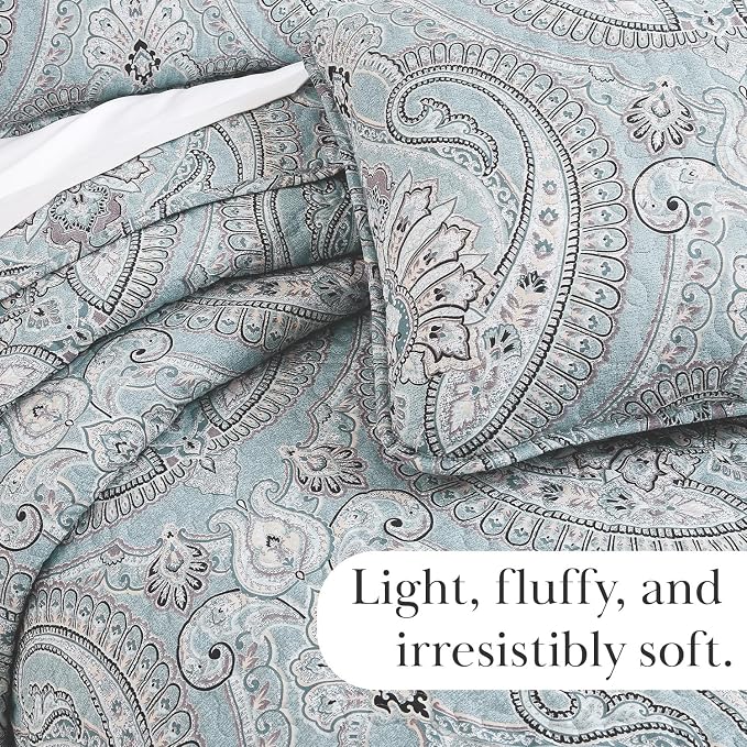 Southshore Fine Living, Inc. Oversized Quilt King Size Bedding Set, Lightweight Bedspread, Cal King Quilt Coverlet & 2 Matching Quilted Pillow Shams, Blue Paisley Bedding Set, Pure Melody Aqua