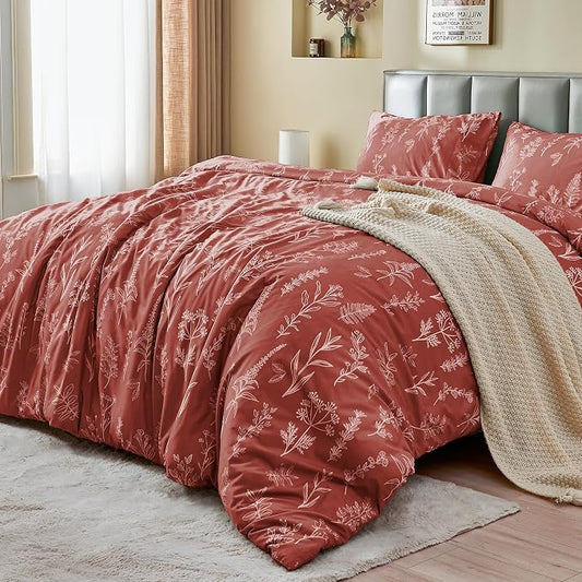 MUXHOMO Duvet Cover King Size, Reversible Floral Terracotta Duvet Cover Set with Zipper Closure, 3 Pieces Botanical Patterns Soft Microfiber Bedding Set (90"x104", 2 Pillow Cases 20"×36")