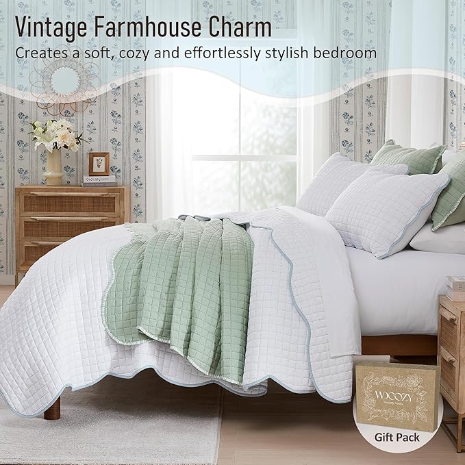WDCOZY White Oversized California King Size Quilt Bedding Set, Cal King Scalloped Farmhouse Country Rustic Lightweight Soft Coverlet for All Season, Cute Cozy Kantha Pick Stitch Bedspread