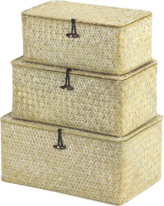 Nonam Wicker Storage Basket with Lid,Seagrass Shelf Basket Set of 3,White | Wicker Basket Container for Organizing, Boho Decorative Basket, Rectangular Household Storage Boxes for Home Organization
