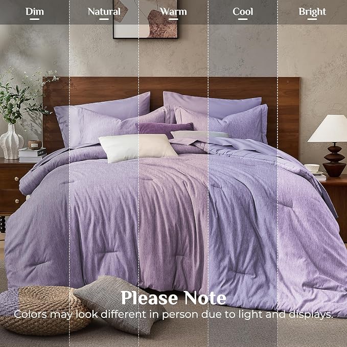 JOLLYVOGUE Purple Queen Comforter Set, Cationic Dyeing Bed in a Bag Queen 7 Pieces, Double-Tone Bedding Set with Down Alternative Comforter, Sheets, Pillowcases & Shams