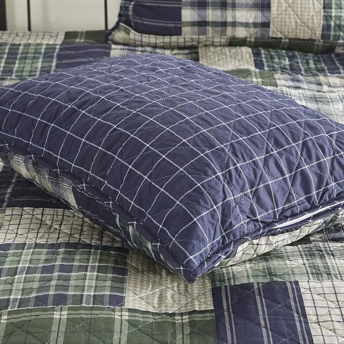 Madison Park Patchwork Farmhouse Green/Navy King Quilt Set, 3pc | Diamond Quilted, Reversible Coverlet Set, Plush Cotton Filled, Lightweight, Machine Washable, Easy Care, All-Season, Cozy