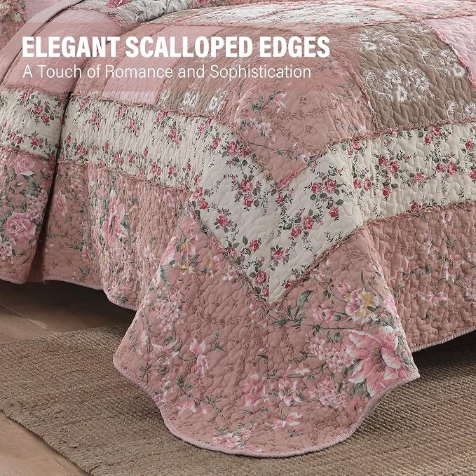 Quilt Set King Size, Cotton Patchwork Pink Floral Quilt Sets, Real Stitched Embroidery Bedspread Lightweight and Breathable for All Seasons, Soft Quilted with 2 Pillow Shams