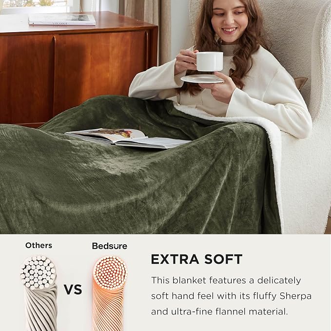 Bedsure GentleSoft Sherpa Fleece Cal King Blankets for Bed, Non-Heated, Thick and Warm Oversized Throw for Women and Men, Soft Fuzzy Plush Large Blanket for Winter, Olive Green, 112x98 Inches