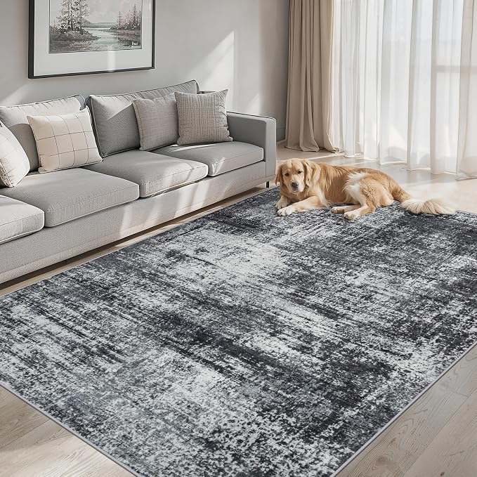 PLHXFR Area Rug Living Room: 5x7 Abstract Washable Carpet Dark Black | For Bedroom Dining Room Farmhouse Nursery Home,Machine washable,Non Slip,Large Soft Neutral,Stain Resistant, Indoor Floor