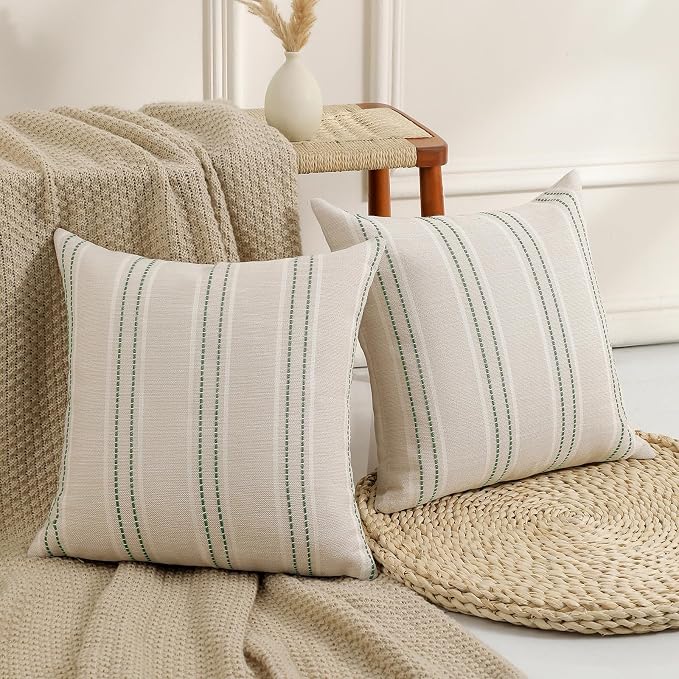 Hckot Stripe Throw Pillow Covers 26x26 Large Square Green Pillow Cover | Farmhouse Decorative Pillows Textured Linen Euro Sham Cushion Covers for Sofa Couch Bed Living Room Decor