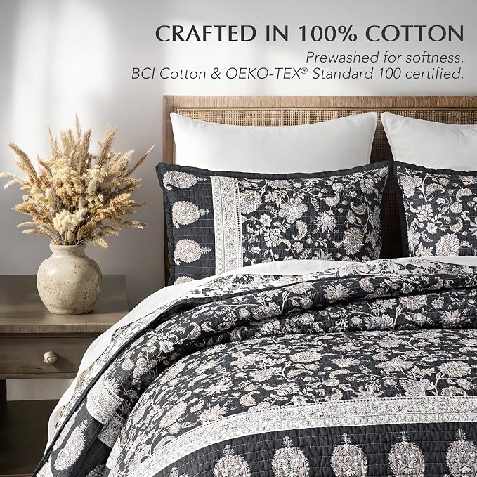 100% Cotton Floral Quilt Set, Queen Size, Dark Charcoal 92"×96" | Reversible Lightweight Bedspread Coverlet, Vintage Floral Farmhouse Bedding, Traditional Botanical Quilt with 2 Pillow Shams