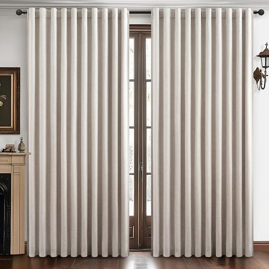 Blackout Curtains 70 Inches Extra Wide Natural Linen Curtains 84 Inch Length for Living Room, Pleated Farmhouse Bedroom Thermal Drapes for Winter Thick Window Energy Efficient 70"W x 84"L 2 Panels