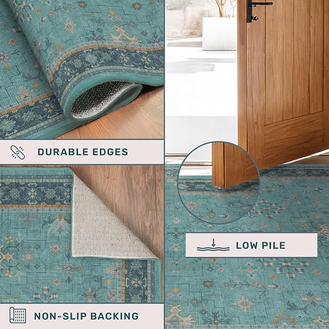 Vintage 3x12 Long Hallway Runner Rug - Teal Boho 3x12 Kitchen Floor Mat, Low Pile Thin Carpet for Bedroom Bedside, Washable Modern Eclectic Boho Design Décor