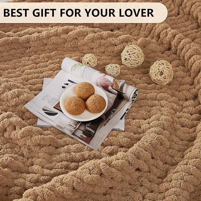 L'AGRATY Chunky Knit Throw Blanket for Couch, 60'' x 80'' Knit Throw, Tan | Handmade Chenille Crochet Blanket for Sofa Bed, Thick Cable Knitted Blankets for Room Home Decor, Birthday Gift for Women Mom