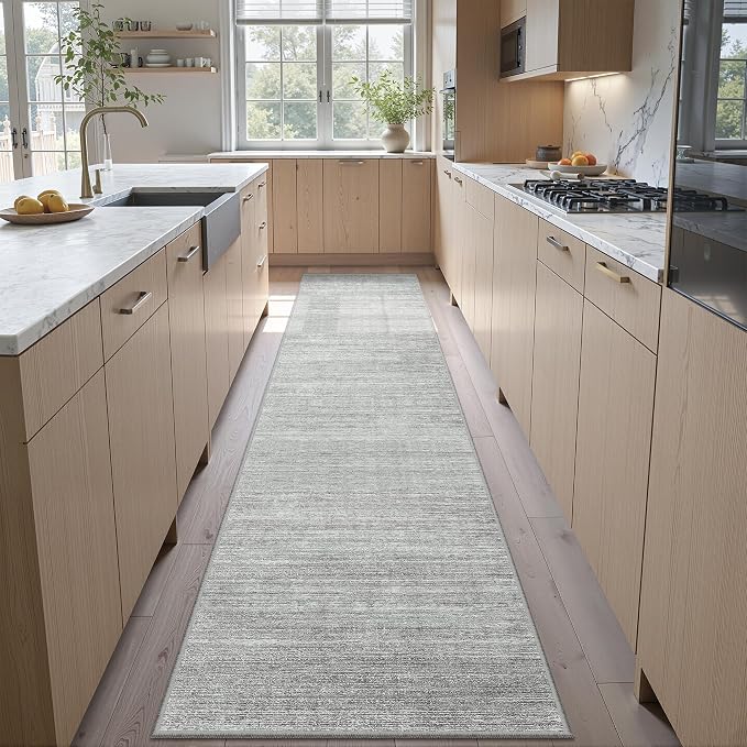 2x12 Runner Rug Non Slip, Washable Rug Runners for Hallways, Grey | Soft Low Pile, Thin & Lighweight Carpet, Folable Stain Resistant Modern Indoor 12ft Floor Mat for Living Room,Bedroom,Kitchen