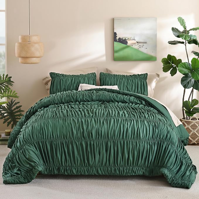 weigelia Emerald Green Ruched Comforter Set Queen Size, Cute Bedding Set | All Season, Soft Microfiber Comforter, Cozy Cinched Design for Home & Bedroom Decor (1 Comforter,2 Pillowcases)