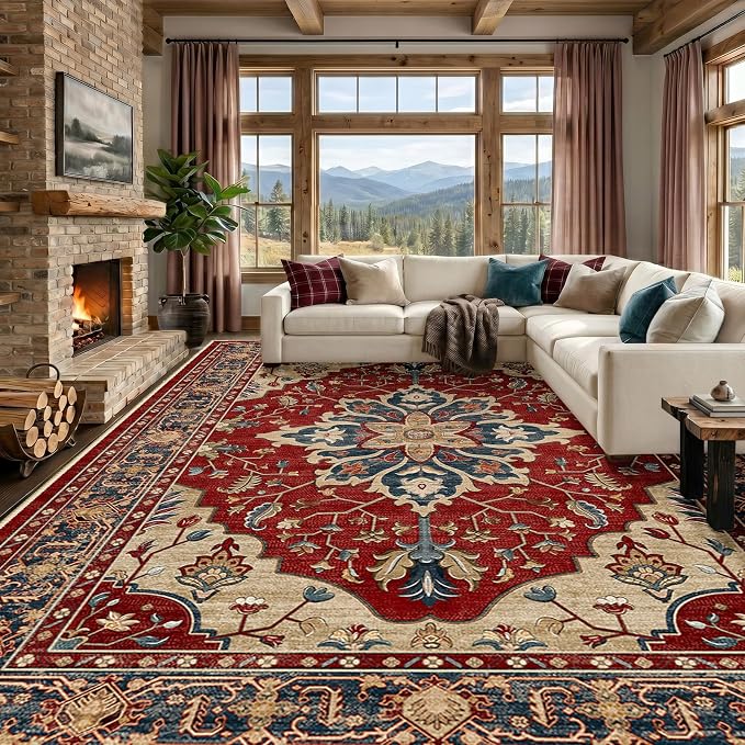 RELEANY Washable Area Rug, Large 9'x12', Red/Blue | Non-Slip, Water Repellent, Pet Friendly, Easy to Clean, Vintage Floral Boho Decor for Living Room Bedroom Dining Room
