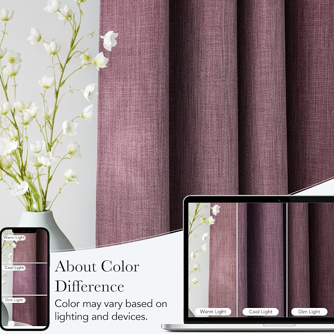 NICETOWN Greyish Purple Faux Linen Room Darkening Rod Pocket Curtains 63 inch Length, W42 x L63, Light Blocking Thermal Insulated Noise Reducing Drapes for Bedroom Farmhouse Decor, 2 Panels