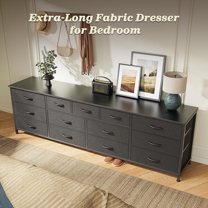Huuger 70 Inch Long Dresser for Bedroom, TV Stand for 65, 75, 80 Inch TV | 13 Large Fabric Drawer, Large Entertainment Center for Bedroom, Wide Chest of Drawer with Storage, Black